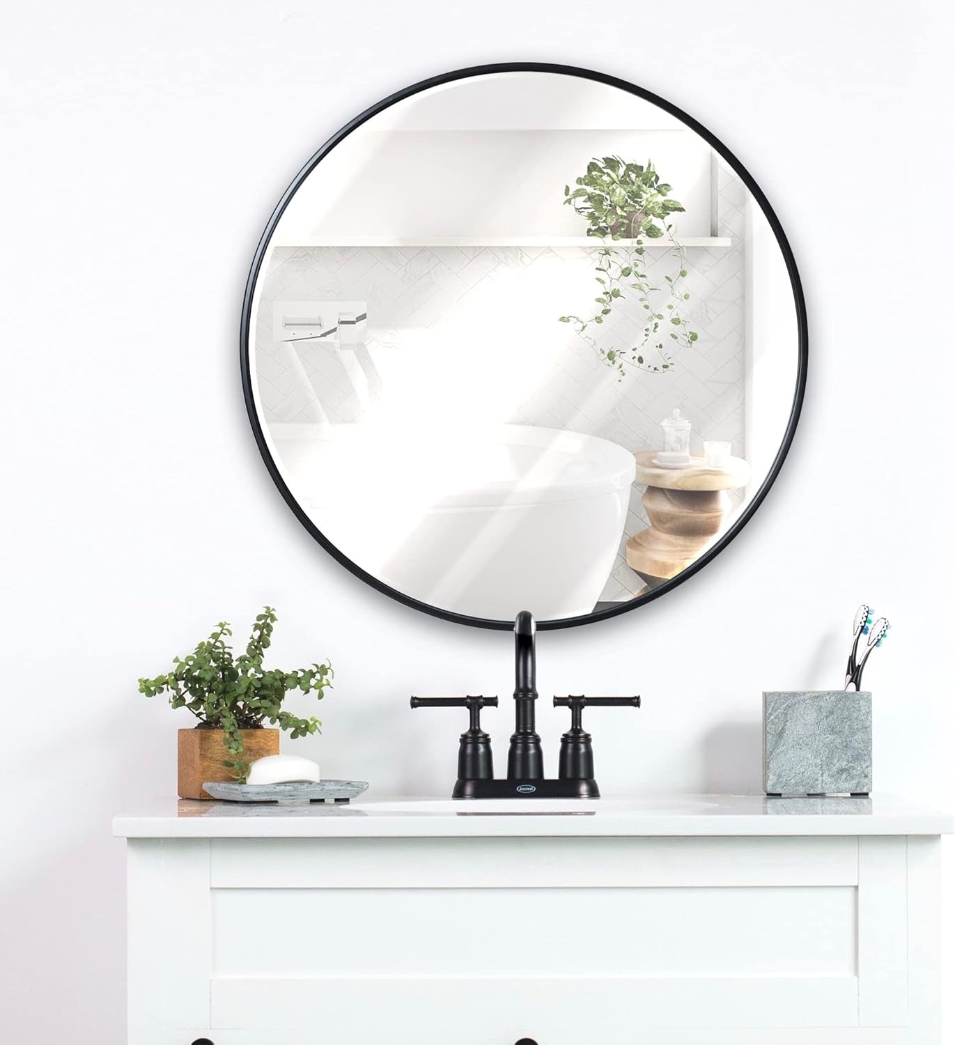 Black 24 Inch Round Wall Mirror Modern Minimalist Decor-1