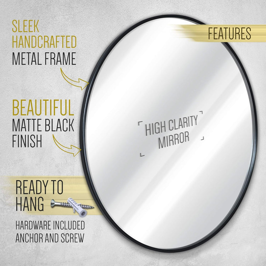 Black 24 Inch Round Wall Mirror Modern Minimalist Decor-4